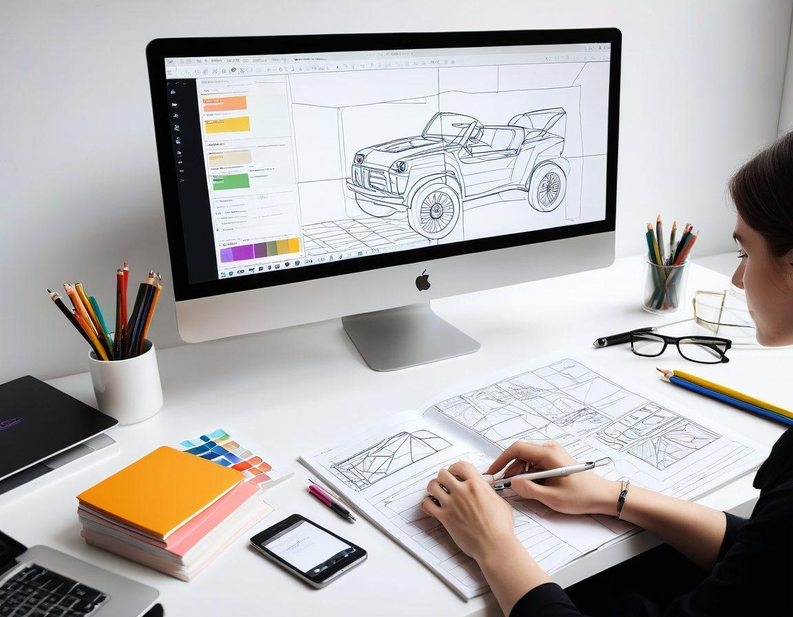 A modern workspace with sleek, minimalist design elements; a large monitor displaying a stunningly designed website, surrounded by sketchbooks and color swatches. Include a designer's hand sketching wireframes on a tablet, with vibrant UI/UX elements floating around. super-realistic. vibrant colors. white background.