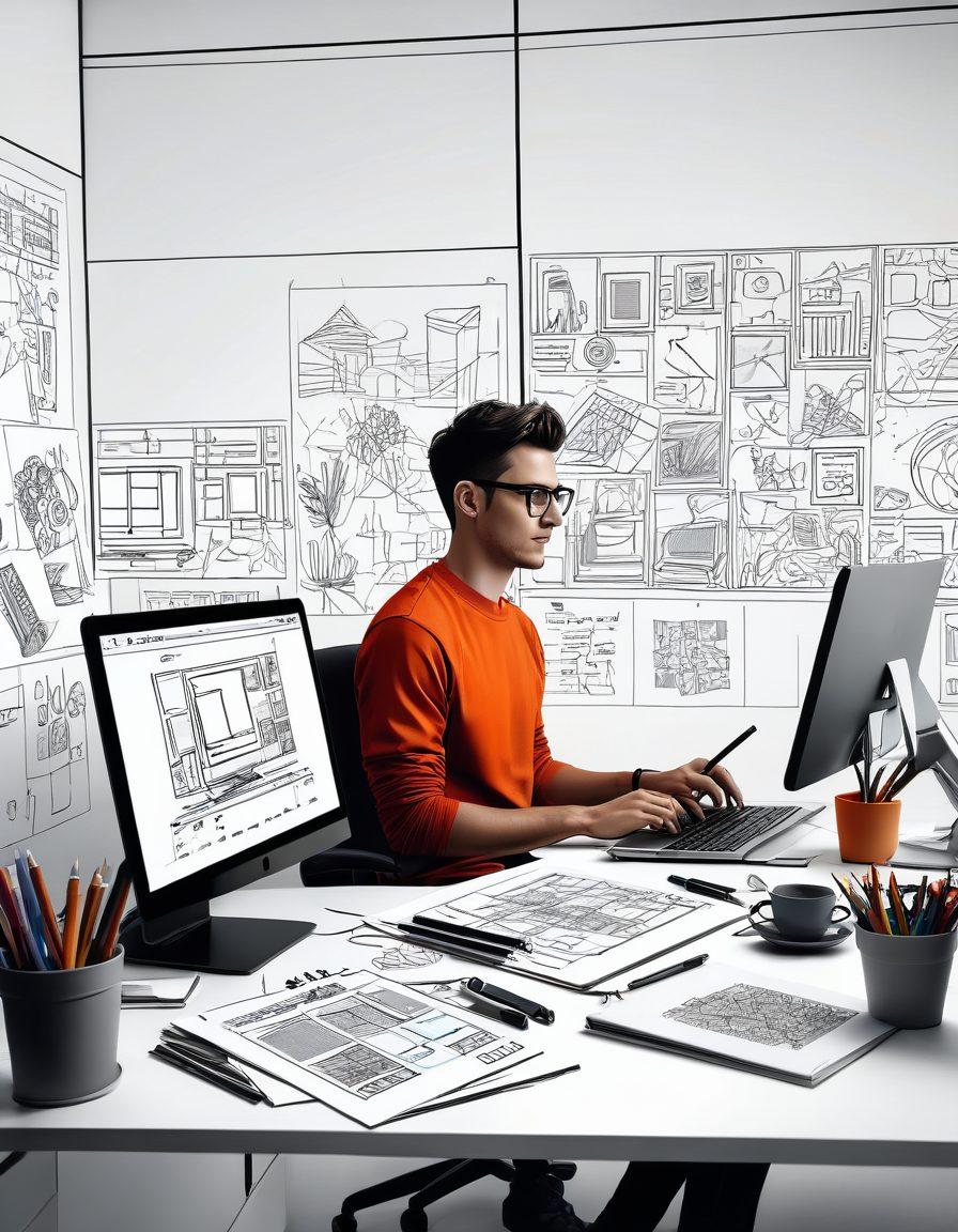 A vibrant and dynamic illustration of a designer in a modern workspace, surrounded by sketches, wireframes, and digital screens showcasing various website designs. The atmosphere should convey creativity and innovation, with tools like a drawing tablet, color palettes, and coding scripts visible. The background should include elements of both traditional art and digital design blending seamlessly. vector art. vibrant colors. white background.