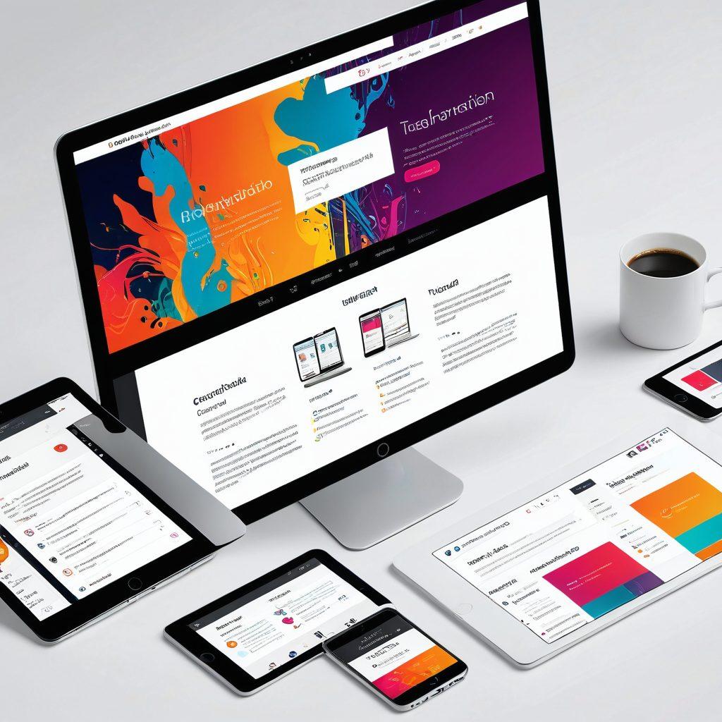 A visually stunning website interface with vibrant colors, elegant typography, and intuitive navigation panels displayed on multiple devices (laptop, tablet, and smartphone) showing seamless responsiveness. The background features subtle design elements hinting at code and creativity. super-realistic. vibrant colors. white background.